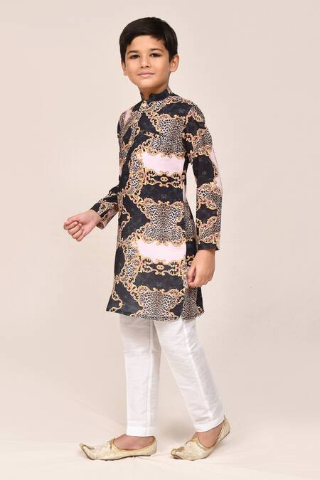 Shop_Petite Pomme_Black Cotton, Silk Digital Print Kurta And White Pant Set _Online_at_Aza_Fashions