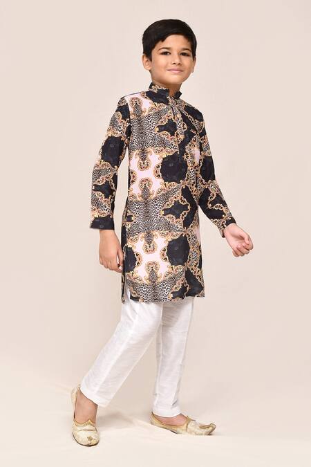 Petite Pomme_Black Cotton, Silk Digital Print Kurta And White Pant Set _at_Aza_Fashions