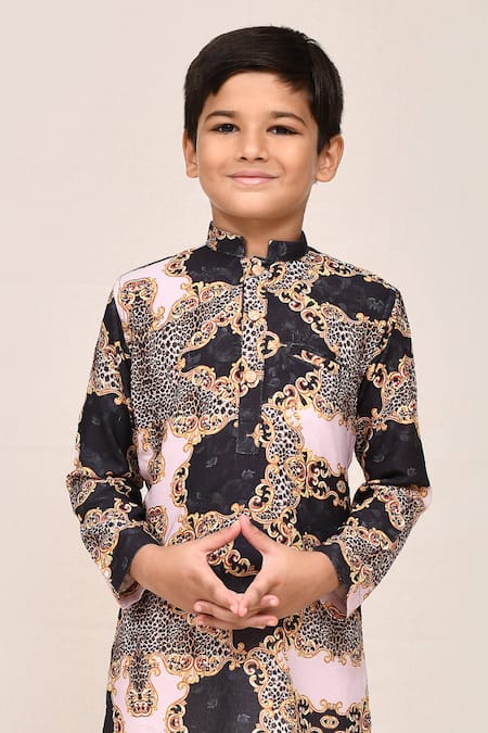 Buy_Petite Pomme_Black Cotton, Silk Digital Print Kurta And White Pant Set 