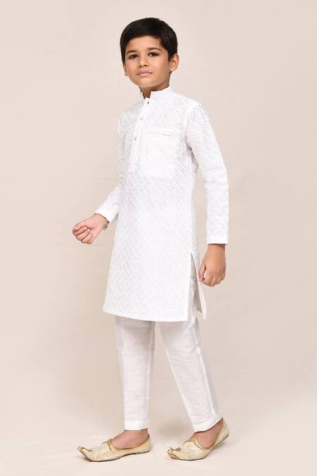 Shop_Petite Pomme_White Silk Embroidery Kurta Pant Set _Online_at_Aza_Fashions