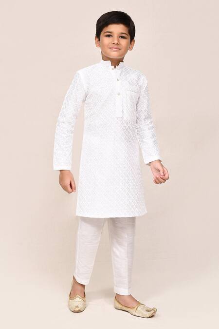 Petite Pomme_White Silk Embroidery Kurta Pant Set _at_Aza_Fashions