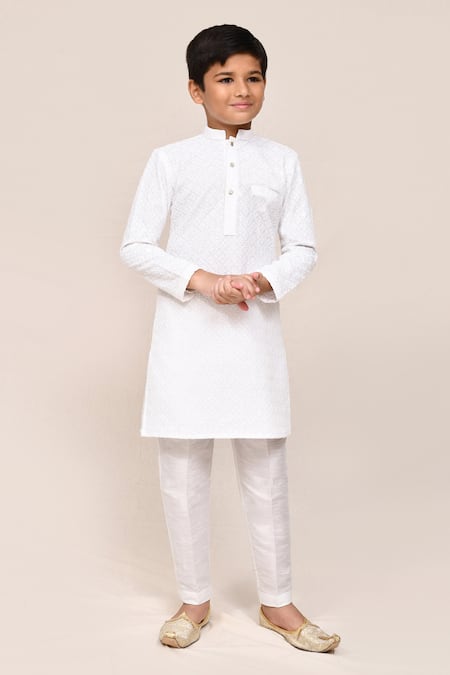 Petite Pomme White Linen, Silk Embroidery Kurta Pant Set 
