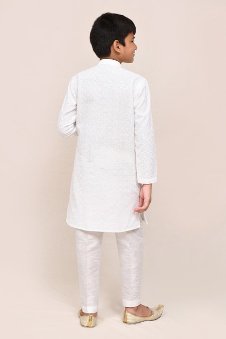 Shop_Petite Pomme_White Linen, Silk Embroidery Kurta Pant Set _at_Aza_Fashions