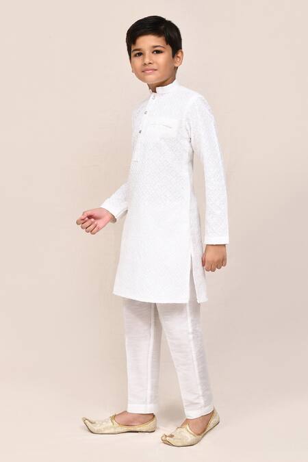 Shop_Petite Pomme_White Linen, Silk Embroidery Kurta Pant Set _Online_at_Aza_Fashions