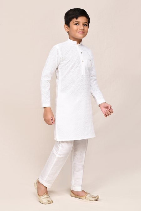 Petite Pomme_White Linen, Silk Embroidery Kurta Pant Set _at_Aza_Fashions