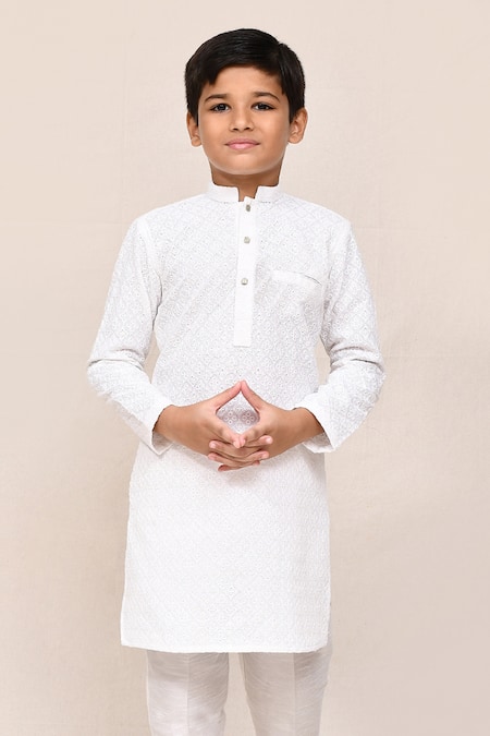 Buy Petite Pomme White Linen, Silk Embroidery Kurta Pant Set Buy_Petite Pomme_White Linen, Silk Embroidery Kurta Pant Set