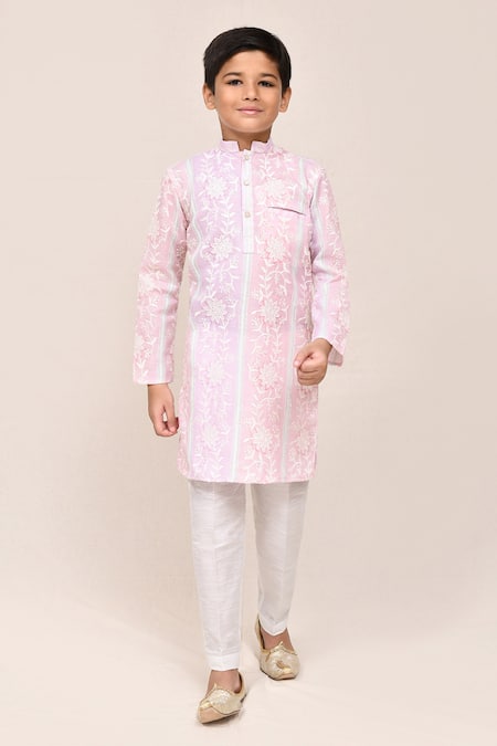 Buy_Petite Pomme_Pink Cotton, Silk Embroidery And Light Purple Kurta Set _Online_at_Aza_Fashions