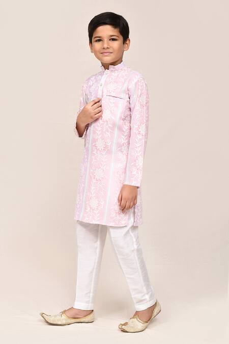Shop_Petite Pomme_Pink Cotton, Silk Embroidery And Light Purple Kurta Set _Online_at_Aza_Fashions
