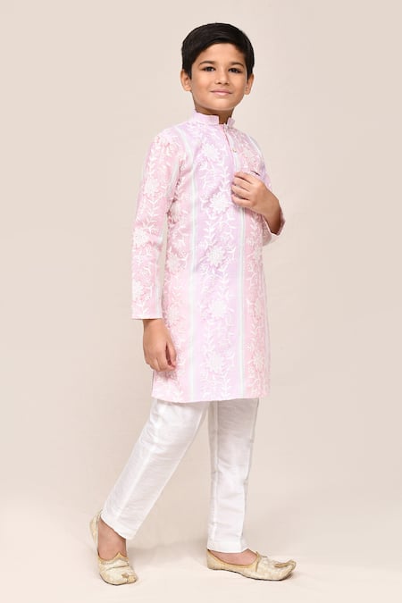 Petite Pomme_Pink Cotton, Silk Embroidery And Light Purple Kurta Set _at_Aza_Fashions