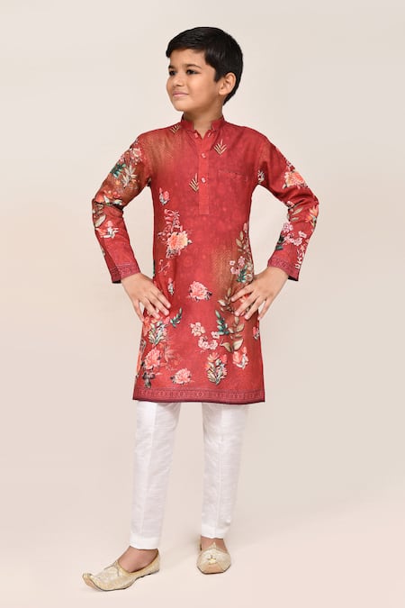 Petite Pomme Red Printed Kurta & White Pant Set 