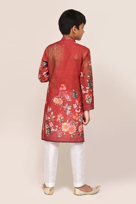 Petite Pomme Red Printed Kurta & White Pant Set 