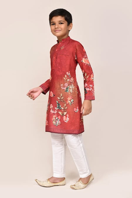 Shop_Petite Pomme_Red Cotton, Silk Embroidery Printed Kurta And White Pant Set _Online_at_Aza_Fashions
