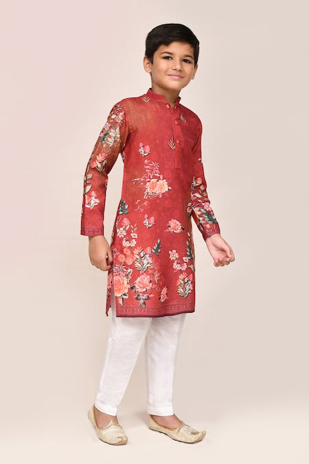 Petite Pomme_Red Cotton, Silk Embroidery Printed Kurta And White Pant Set _at_Aza_Fashions