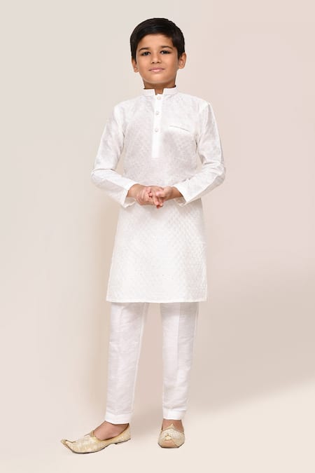 Petite Pomme White Silk Sequins Work Kurta Pant Set 