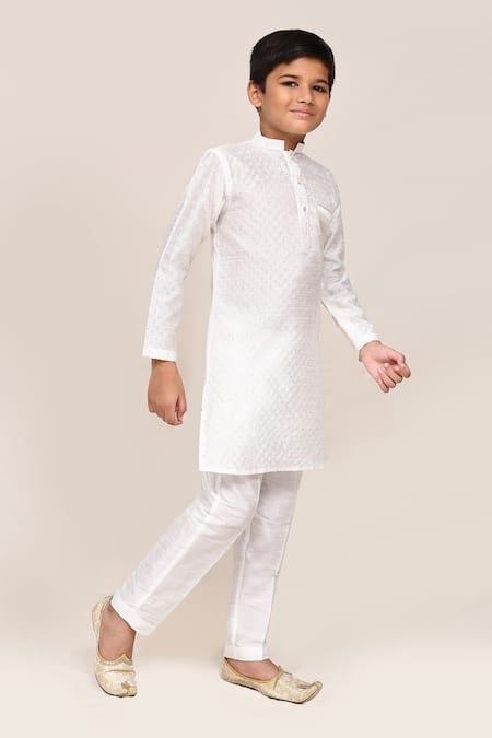 Petite Pomme_White Silk Sequins Work Kurta Pant Set _at_Aza_Fashions