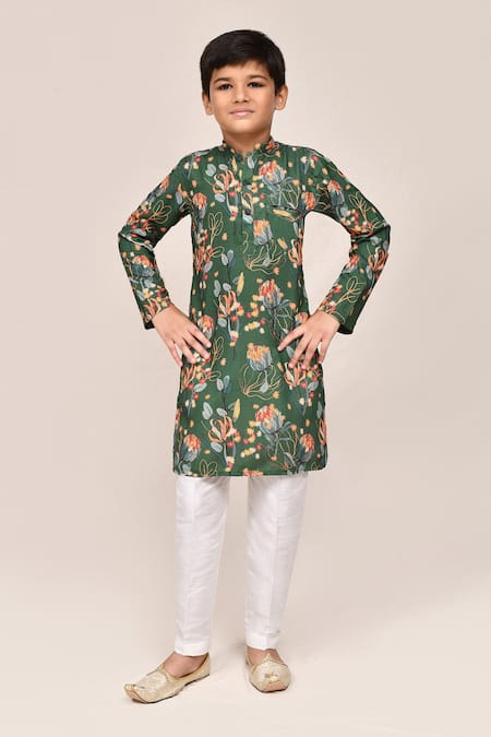 Petite Pomme Green Cotton, Silk Printed Kurta And White Pant Set 