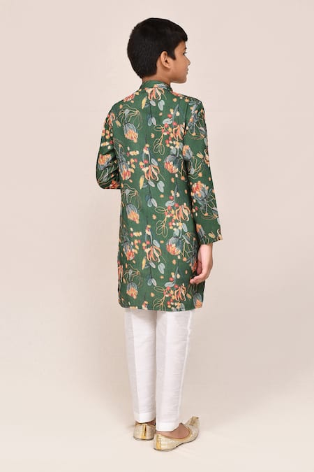Shop_Petite Pomme_Green Cotton, Silk Printed Kurta And White Pant Set _at_Aza_Fashions
