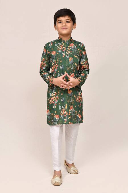 Buy_Petite Pomme_Green Cotton, Silk Printed Kurta And White Pant Set _Online_at_Aza_Fashions