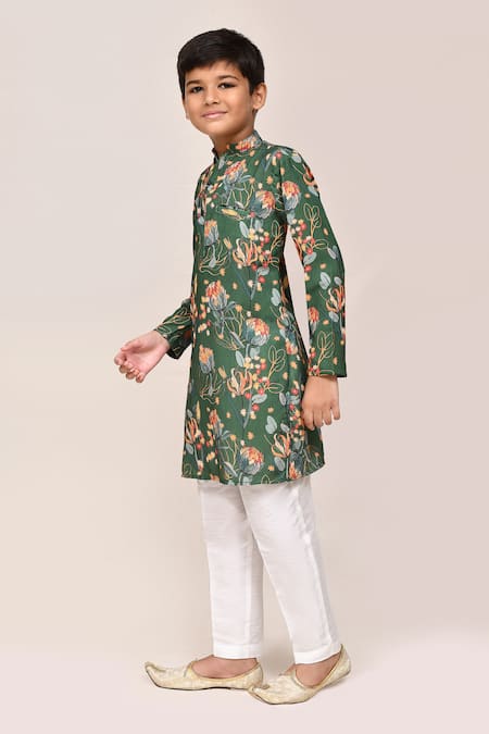 Shop_Petite Pomme_Green Cotton, Silk Printed Kurta And White Pant Set _Online_at_Aza_Fashions