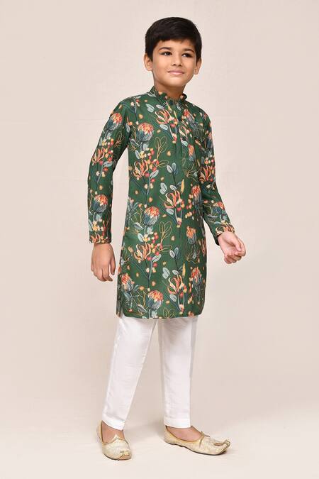 Petite Pomme_Green Cotton, Silk Printed Kurta And White Pant Set _at_Aza_Fashions