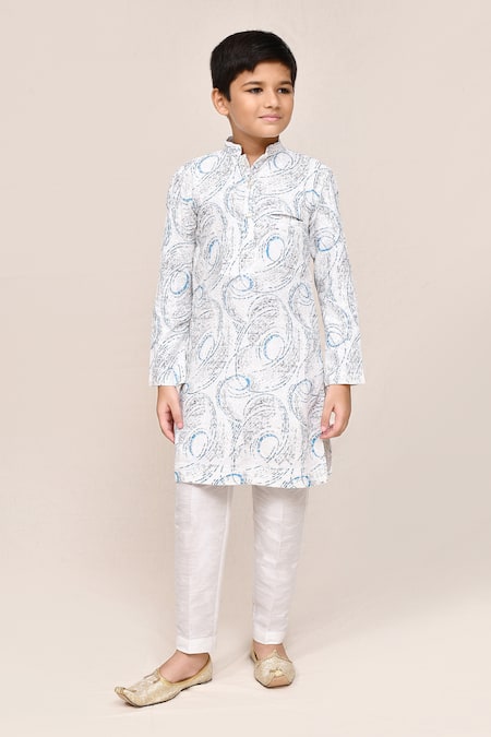 Petite Pomme White Cotton, Silk Embroidery Full Kurta Pant Set 