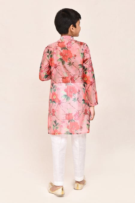 Petite Pomme Peach Digital Print Kurta & White Pant Set 