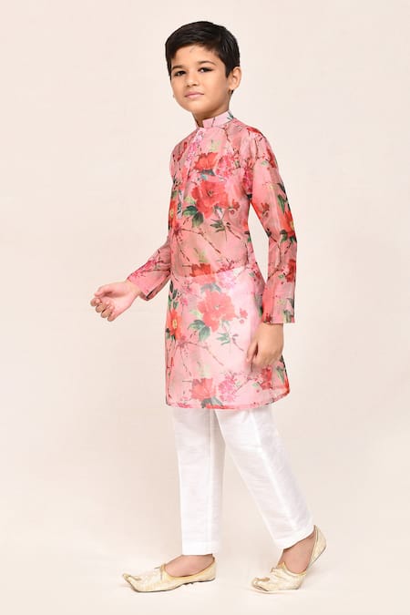 Shop_Petite Pomme_Peach Georgette, Silk Digital Print Kurta And White Pant Set _Online_at_Aza_Fashions