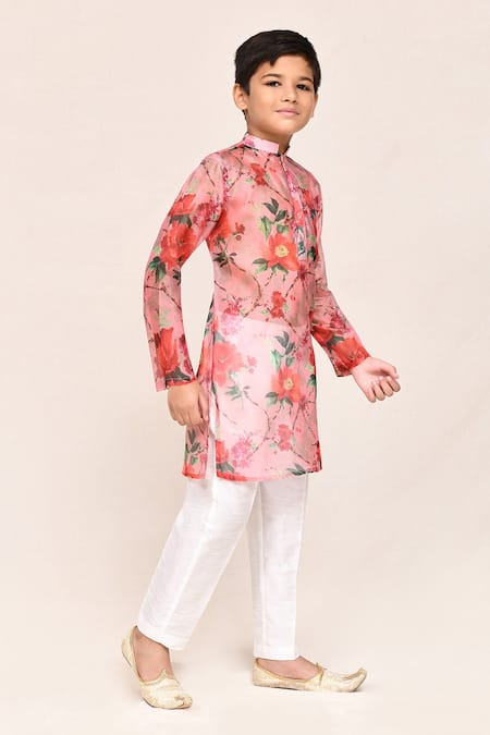 Petite Pomme_Peach Georgette, Silk Digital Print Kurta And White Pant Set _at_Aza_Fashions