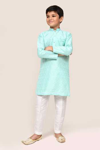 Buy_Petite Pomme_Green Cotton, Silk Embroidery Ocean Geometry Work Kurta And Pant Set _Online_at_Aza_Fashions