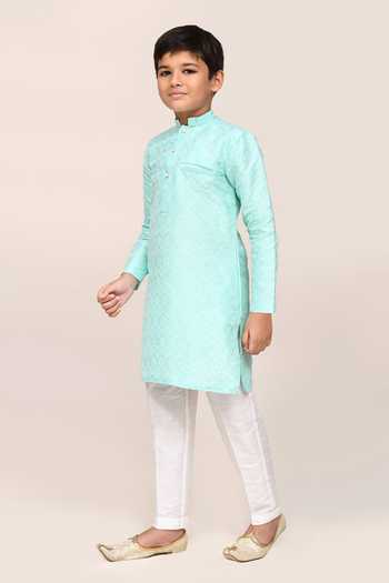 Shop_Petite Pomme_Green Cotton, Silk Embroidery Ocean Geometry Work Kurta And Pant Set _Online_at_Aza_Fashions