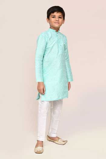 Petite Pomme_Green Cotton, Silk Embroidery Ocean Geometry Work Kurta And Pant Set _at_Aza_Fashions