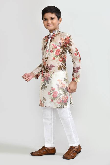 Shop_Petite Pomme_Cream Georgette, Silk Floral Print Kurta And Pant Set _Online_at_Aza_Fashions