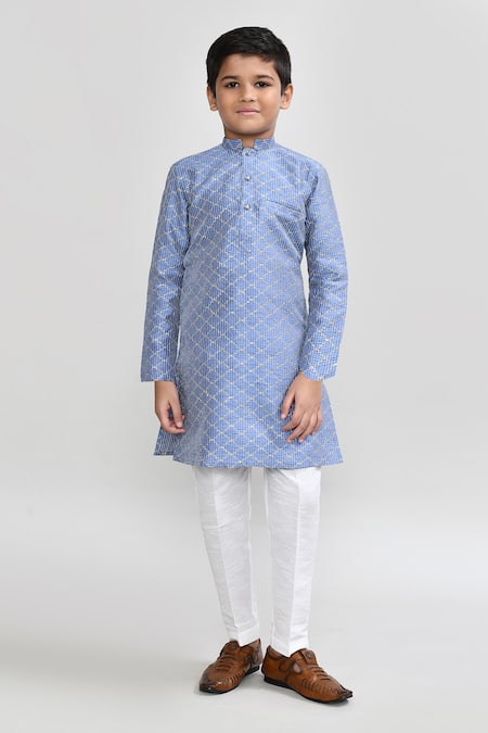 Petite Pomme_Blue Silk Zari Work Kurta And Pant Set _at_Aza_Fashions