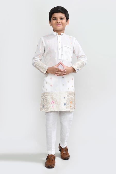 Buy_Petite Pomme_White Jacquard, Silk Embroidery Kurta Pant Set _Online_at_Aza_Fashions
