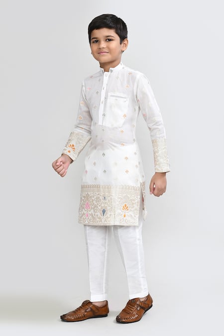 Shop_Petite Pomme_White Jacquard, Silk Embroidery Kurta Pant Set _Online_at_Aza_Fashions
