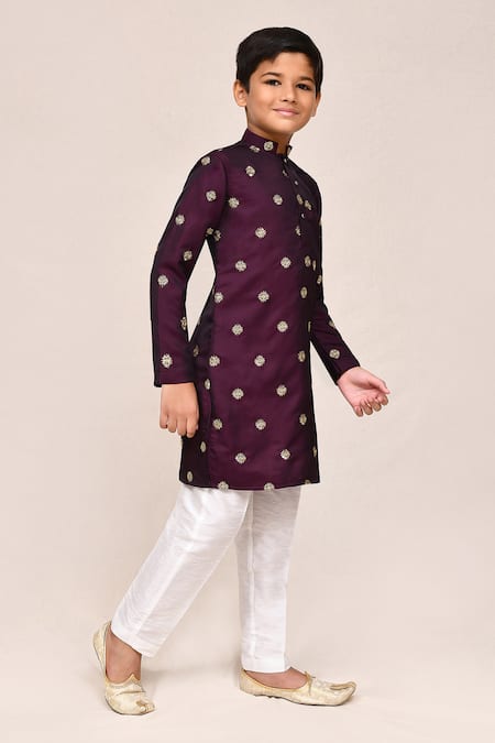 Shop_Petite Pomme_Magenta Satin, Silk Zari Work Kurta And White Pant Set _Online_at_Aza_Fashions