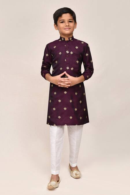 Petite Pomme_Magenta Satin, Silk Zari Work Kurta And White Pant Set _at_Aza_Fashions