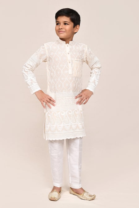 Petite Pomme Cream Thread & Sequins Kurta Pant Set 