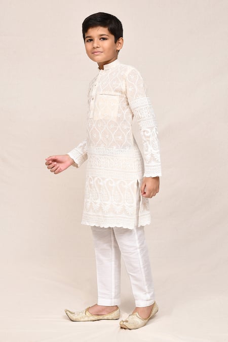 Shop_Petite Pomme_Cream Cotton Sequins, Embroidery Thread And Kurta Pant Set _Online_at_Aza_Fashions