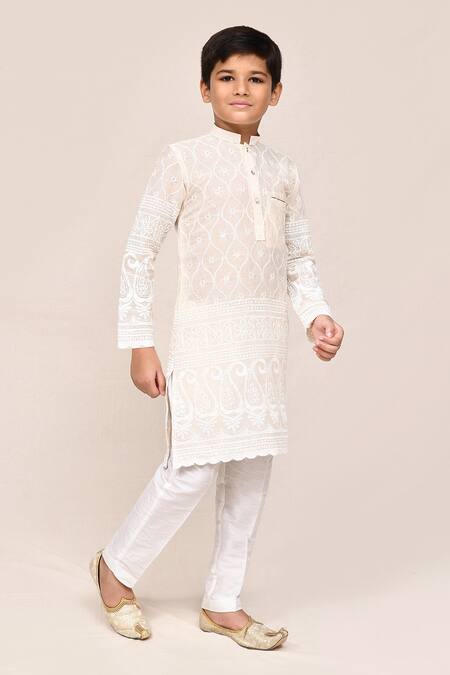 Petite Pomme_Cream Cotton Sequins, Embroidery Thread And Kurta Pant Set _at_Aza_Fashions