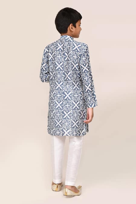 Petite Pomme Navy Blue Printed Kurta & White Pant Set 