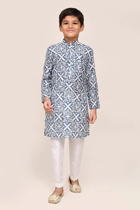 Buy_Petite Pomme_Navy Silk Blue Printed Kurta And White Pant Set _Online_at_Aza_Fashions