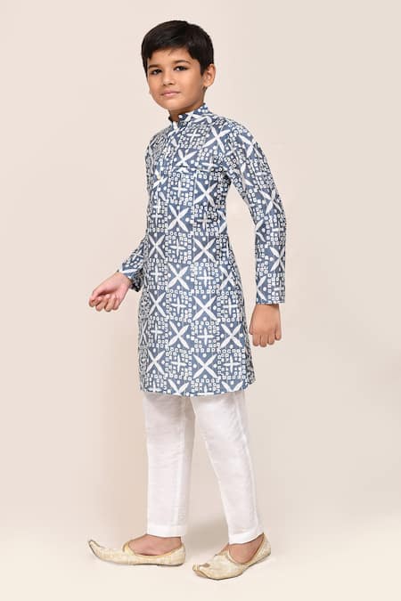 Shop_Petite Pomme_Navy Silk Blue Printed Kurta And White Pant Set _Online_at_Aza_Fashions