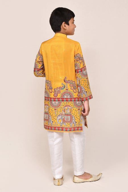 Petite Pomme Yellow Silk Blend Kurta & White Pant Set 