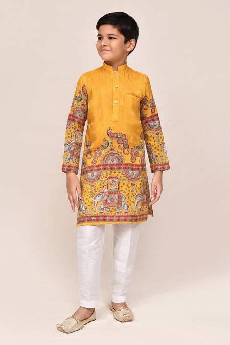 Buy_Petite Pomme_Yellow Silk Zari, Embroidery Blend Kurta And White Pant Set _Online_at_Aza_Fashions