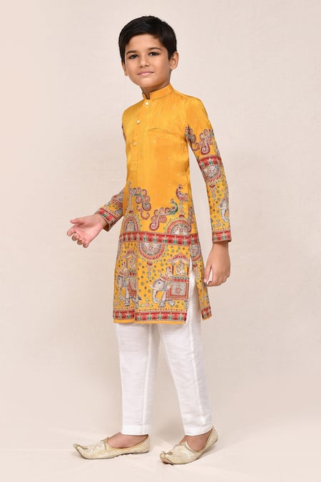Shop_Petite Pomme_Yellow Silk Zari, Embroidery Blend Kurta And White Pant Set _Online_at_Aza_Fashions