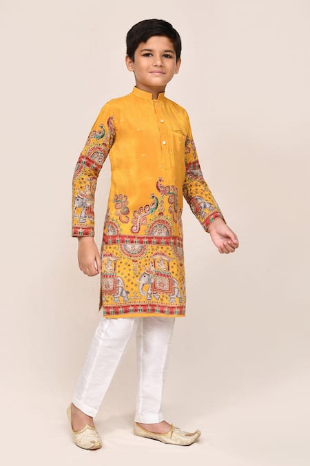 Petite Pomme_Yellow Silk Zari, Embroidery Blend Kurta And White Pant Set _at_Aza_Fashions