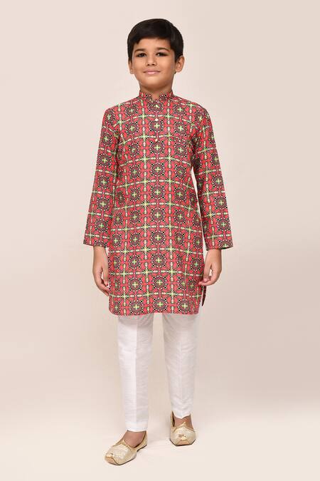 Buy_Petite Pomme_Red Cotton Printed Kurta And White Pant Set _Online_at_Aza_Fashions