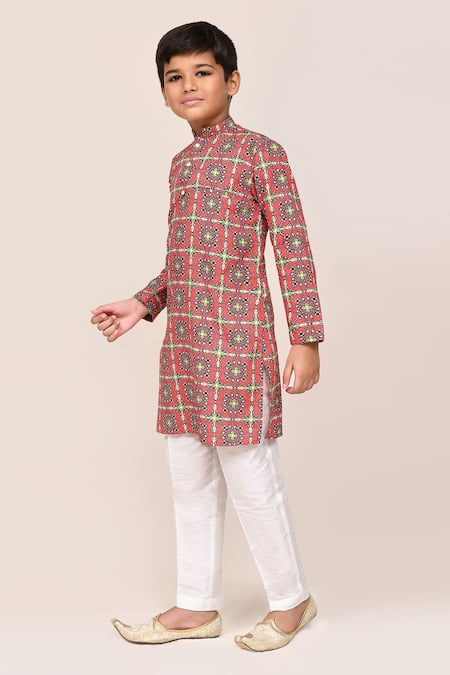 Shop_Petite Pomme_Red Cotton Printed Kurta And White Pant Set _Online_at_Aza_Fashions