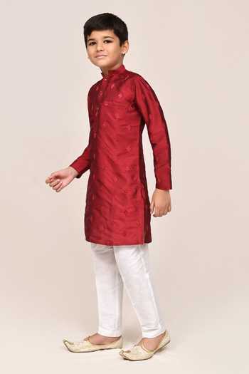 Buy_Petite Pomme_Maroon Silk Sequins Kurta And White Pant Set _Online_at_Aza_Fashions